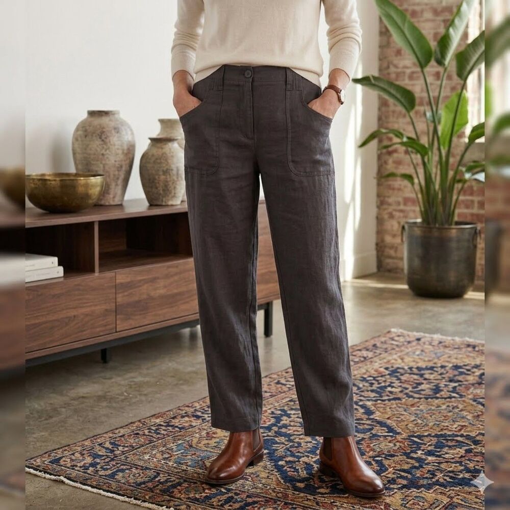 Talbots Signature Linen Pants Black Wide Leg Patch Pocket Women's 14 Trousers